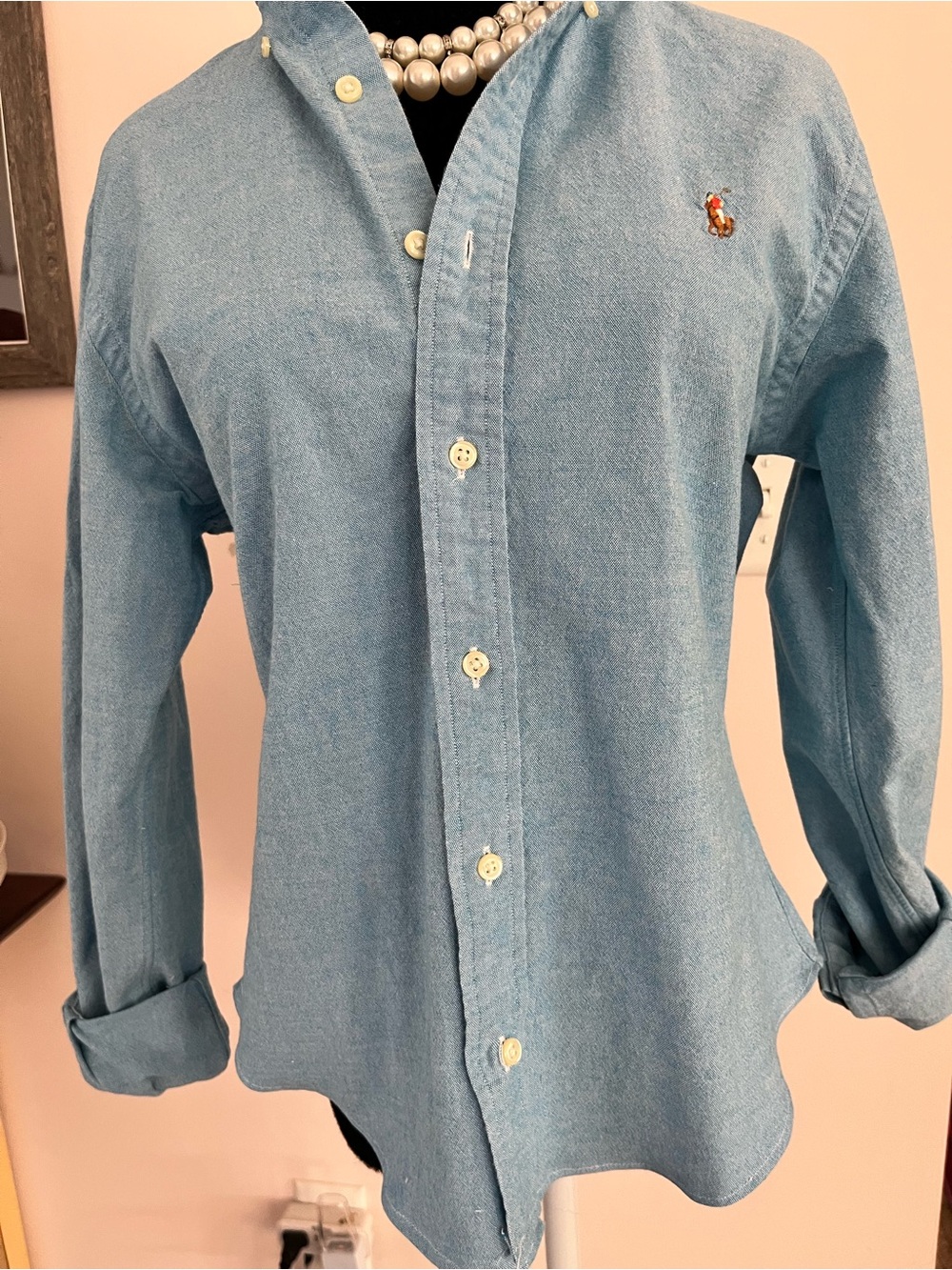 Ralph Lauren Lt. Blue Button-Down Oxford Shirt with Ruffle Collar - Picture 6 of 7
